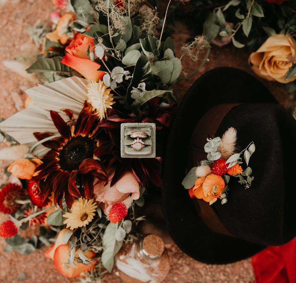 Boho Detailed Photography of hat rings and bouquet 