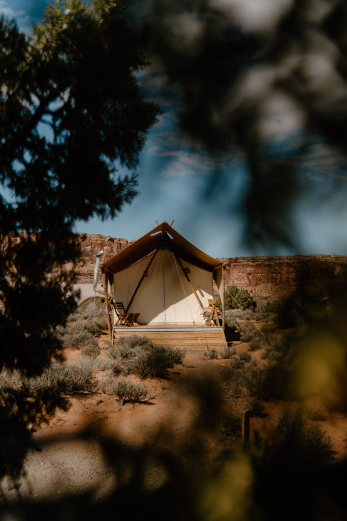Bride and Grooms Glamping Tent in Adventurous Elopement in Canyonlands National Park