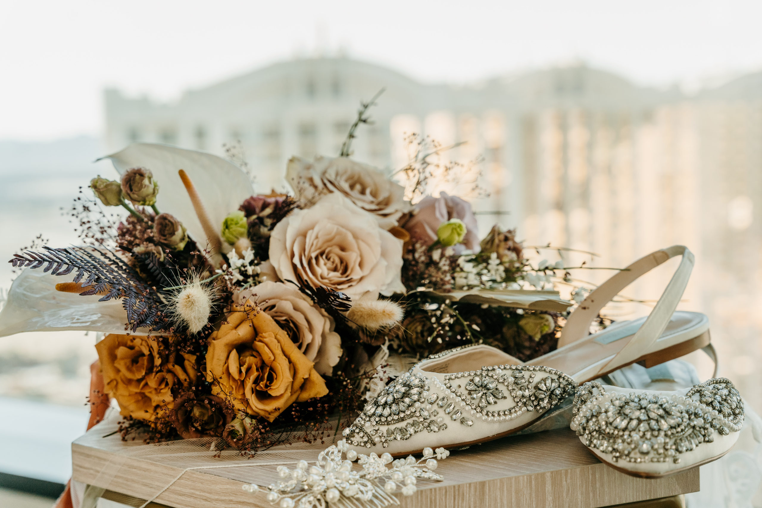 Beautifully detailed jeweled shoe with bouquet  in Modern-Boho Las Vegas Elopement