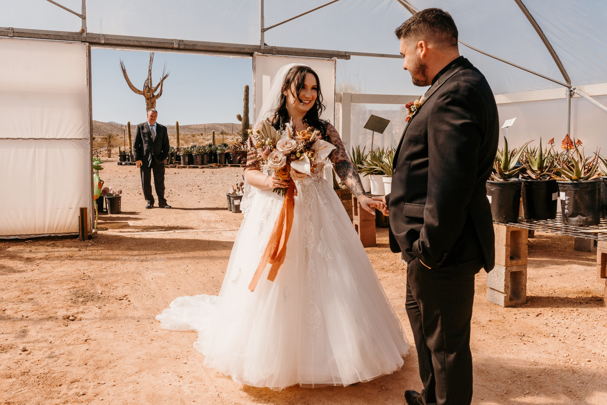 Father coming to get bride for Modern-Boho Las Vegas Elopement