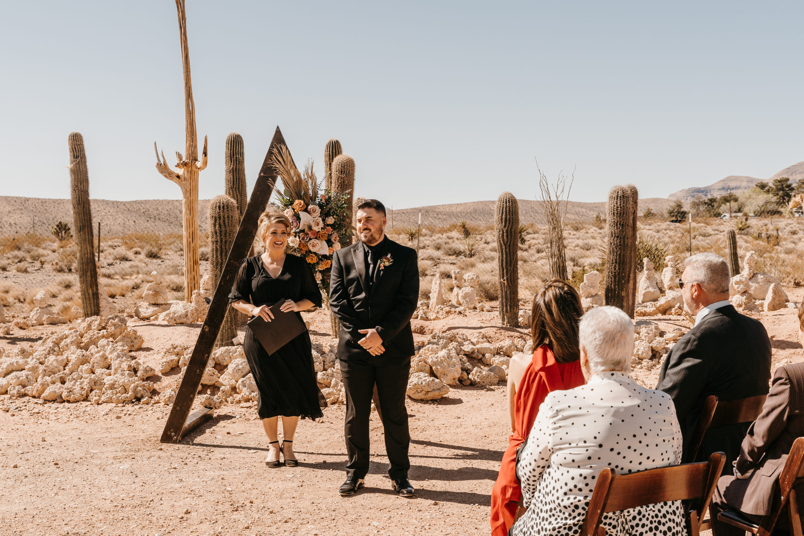 Groom waiting at altar for his bride during Modern-Boho Las Vegas Elopement