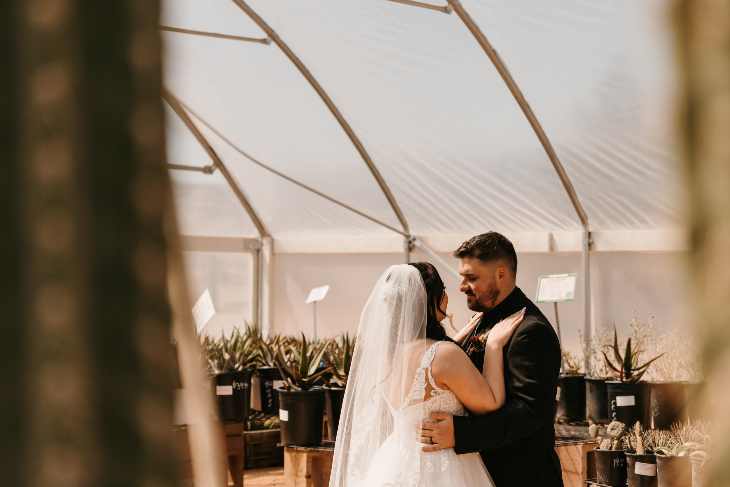Couple having moment in greenhouse after eloping for their Modern-Boho Las Vegas Elopement