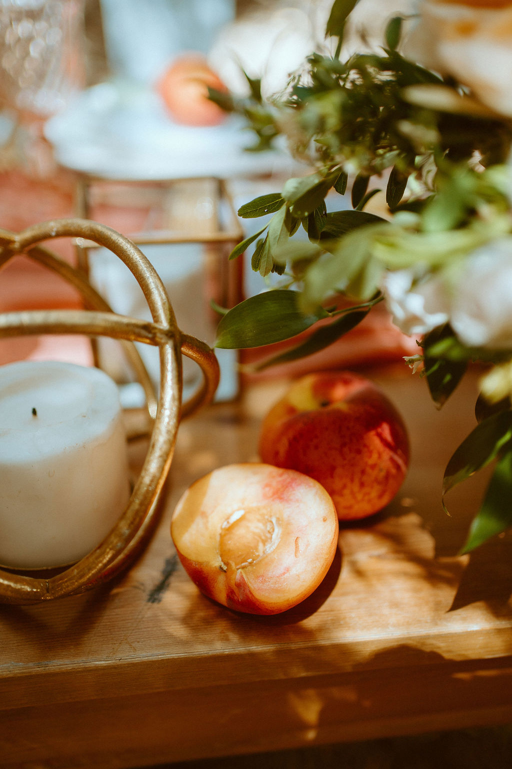 real fruit as accent for peachy themed vintage elopement 