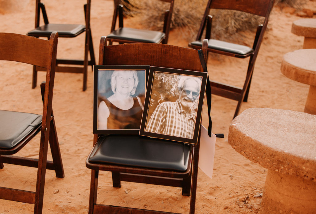 pictures on chair to remember loved ones who are no longer with us on wedding day 
