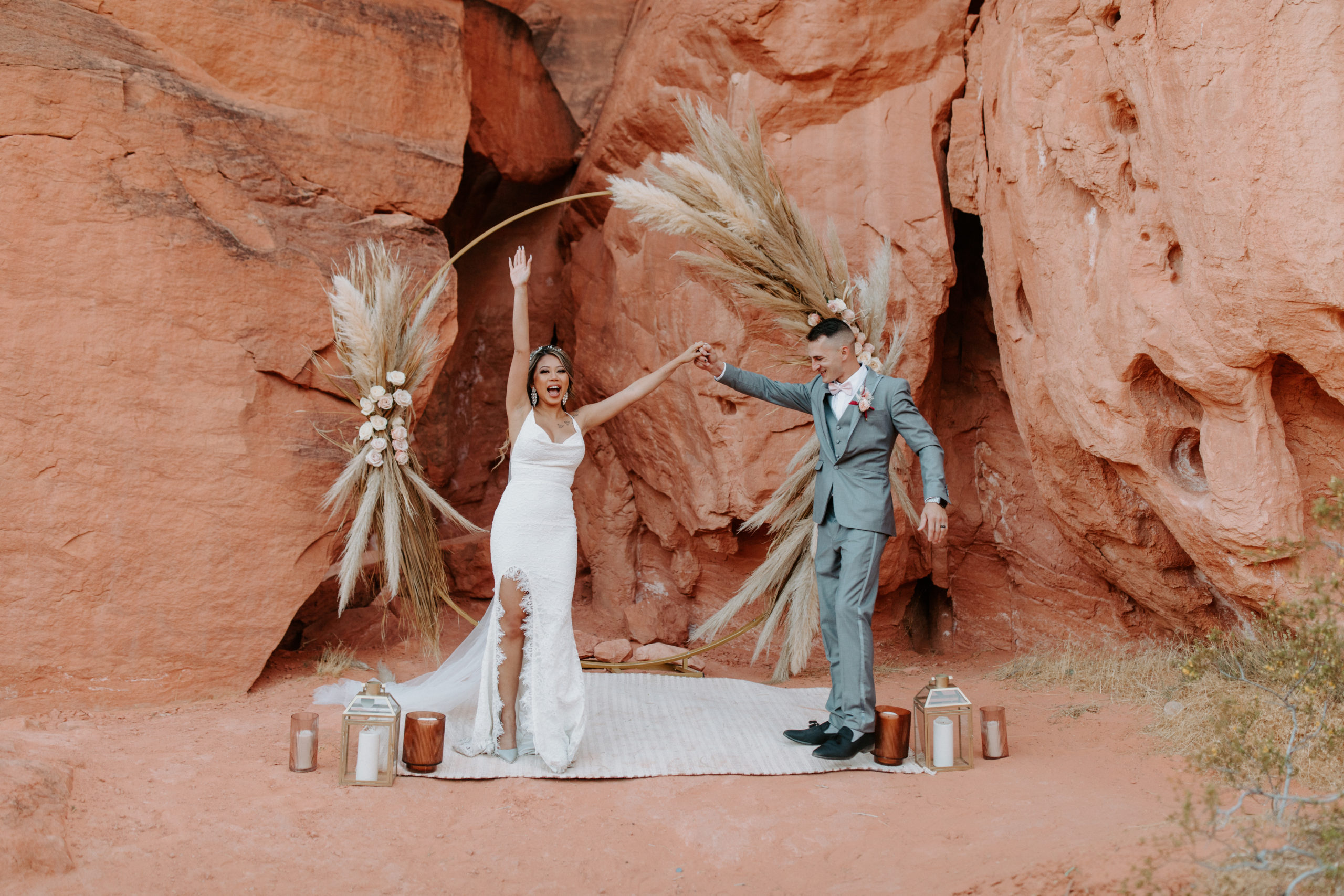 Bride celebrating after officially getting married in Valley of Fire 