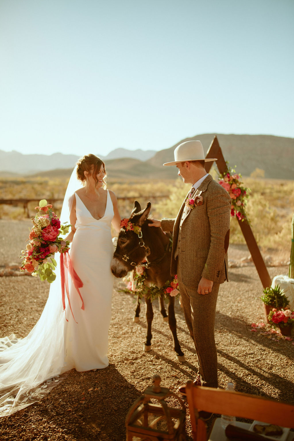 Newlyweds with Donkey serving drinks for Bright & Bold Sunset Desert Wedding 