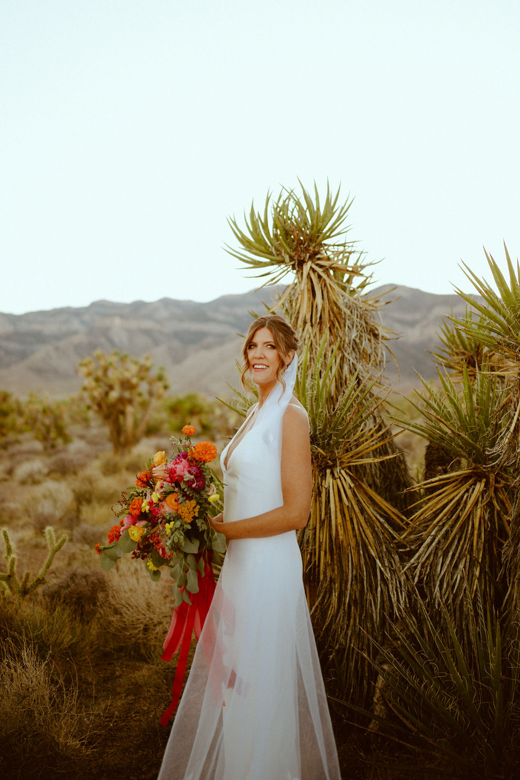 Bride with Bright and Bold Bouquet in Las Vegas after Wedding Ceremony 