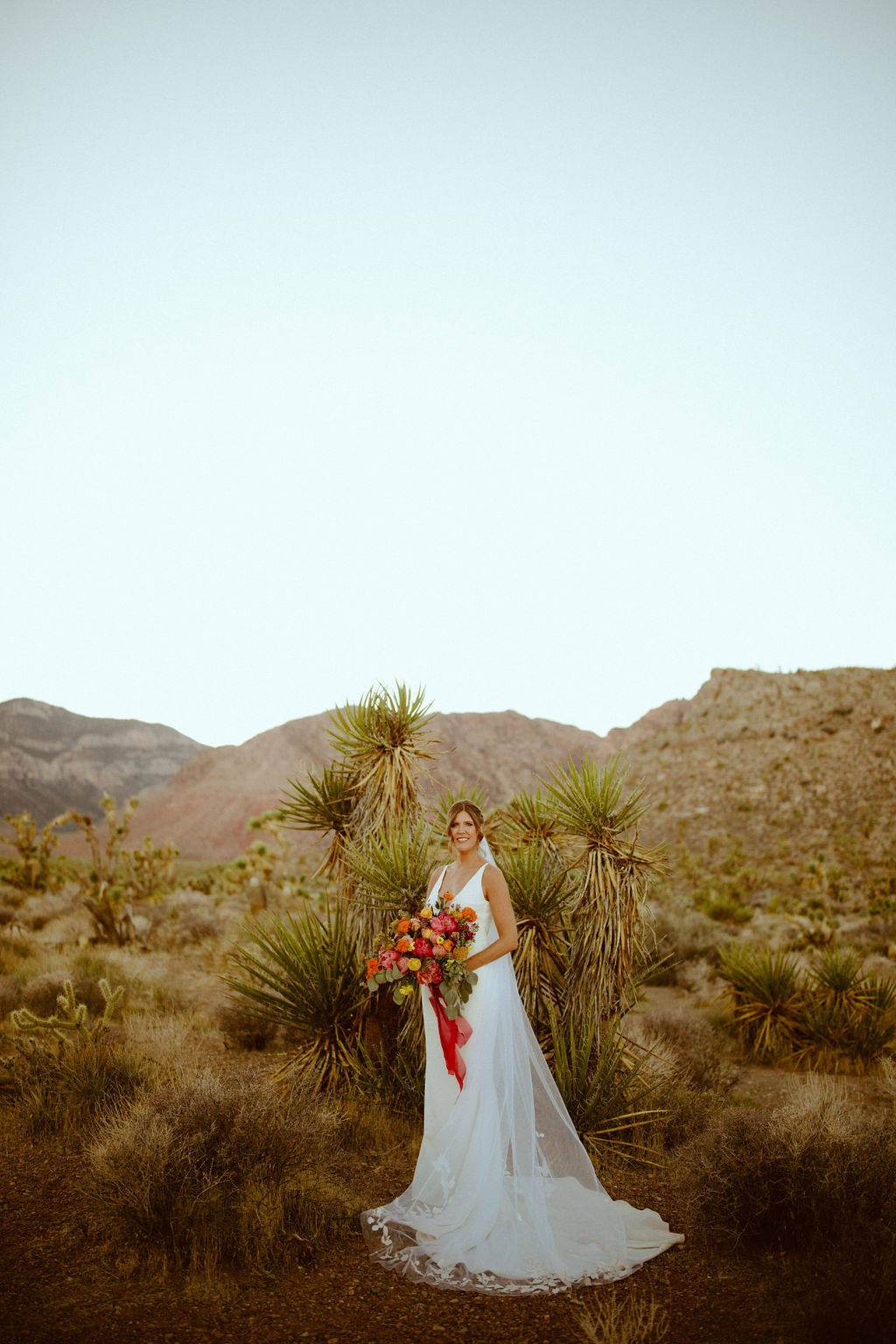 Bride with long white train in desert after getting married 