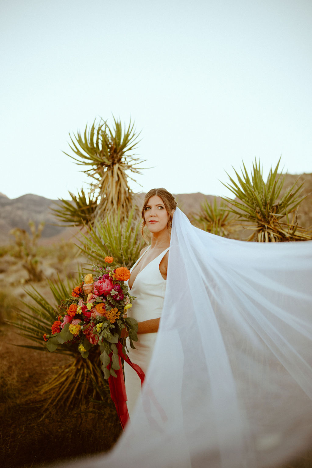Bride with long white veil holding bright and colorful bouquet in Las Vegas outdoor desert wedding 