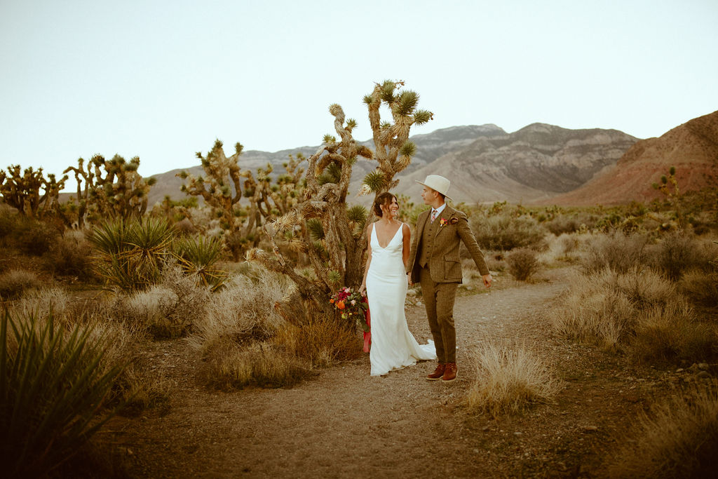 Newlyweds walking through desert during Bright and Bold Sunset Wedding 