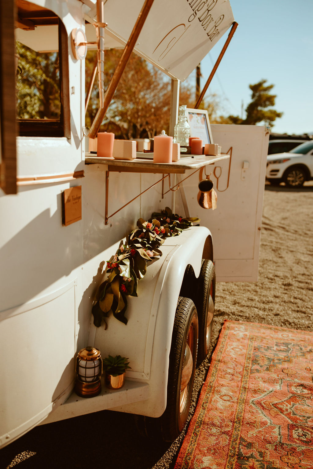 White Mobile Bar Set-up for Bright & Bold Sunset Desert Wedding 
