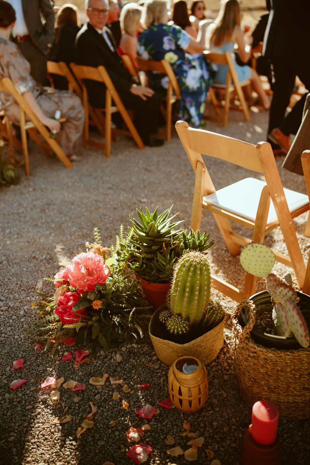 Bright & Bold Sunset Desert Wedding with Cactus, Succulent, and Bright Pink Floral Aisle Decor 