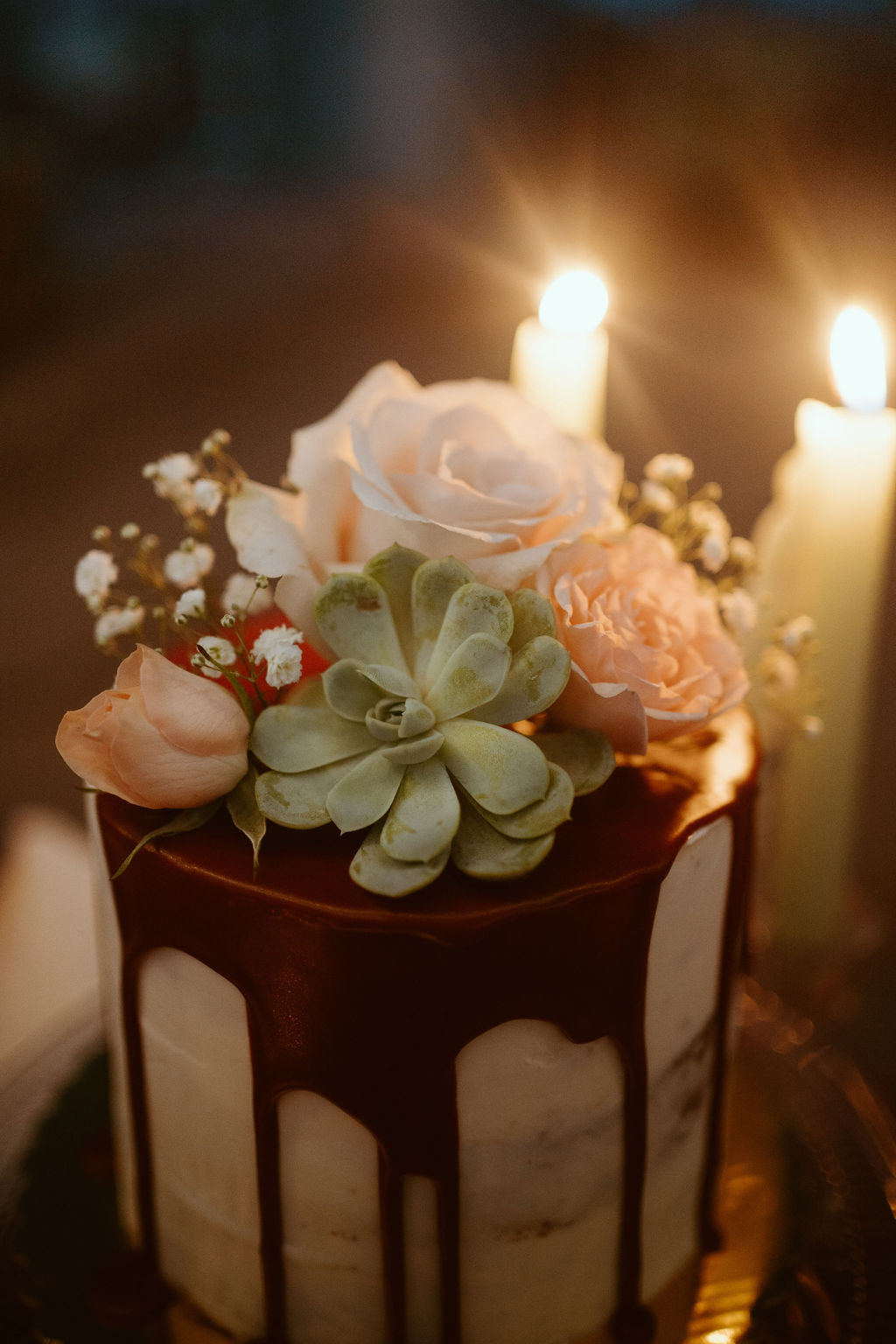 Drip Wedding Cake with Succulent and Roses and Candles for Cactus Joe's Micro-Wedding 