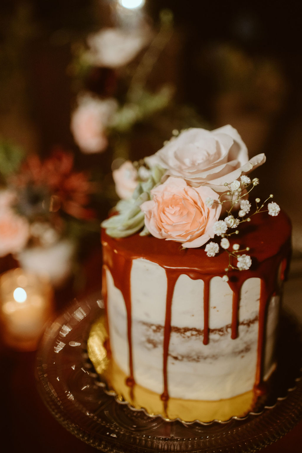 Drip Wedding Cake with Succulent, Roses and Babys-Breath for Cactus Joe's Micro-Wedding 