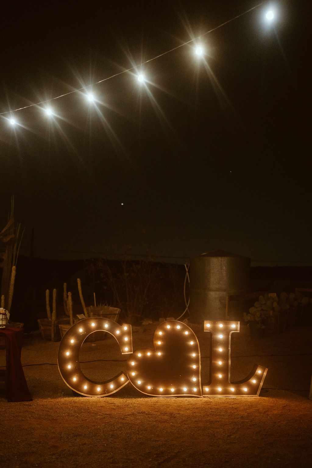 Custom Marquee Letters lit up at night during reception outside 