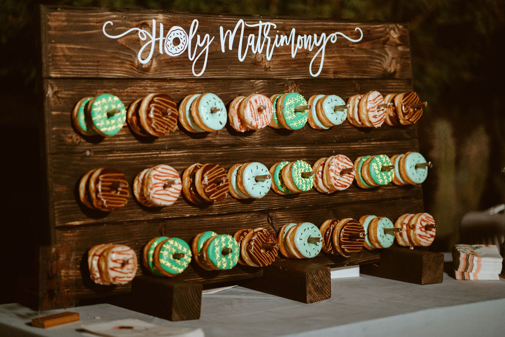 Holy Matrimony Wooden Donut Holder for Wedding with Variety of Glazed Donuts for Cactus Joe's Micro-Wedding 