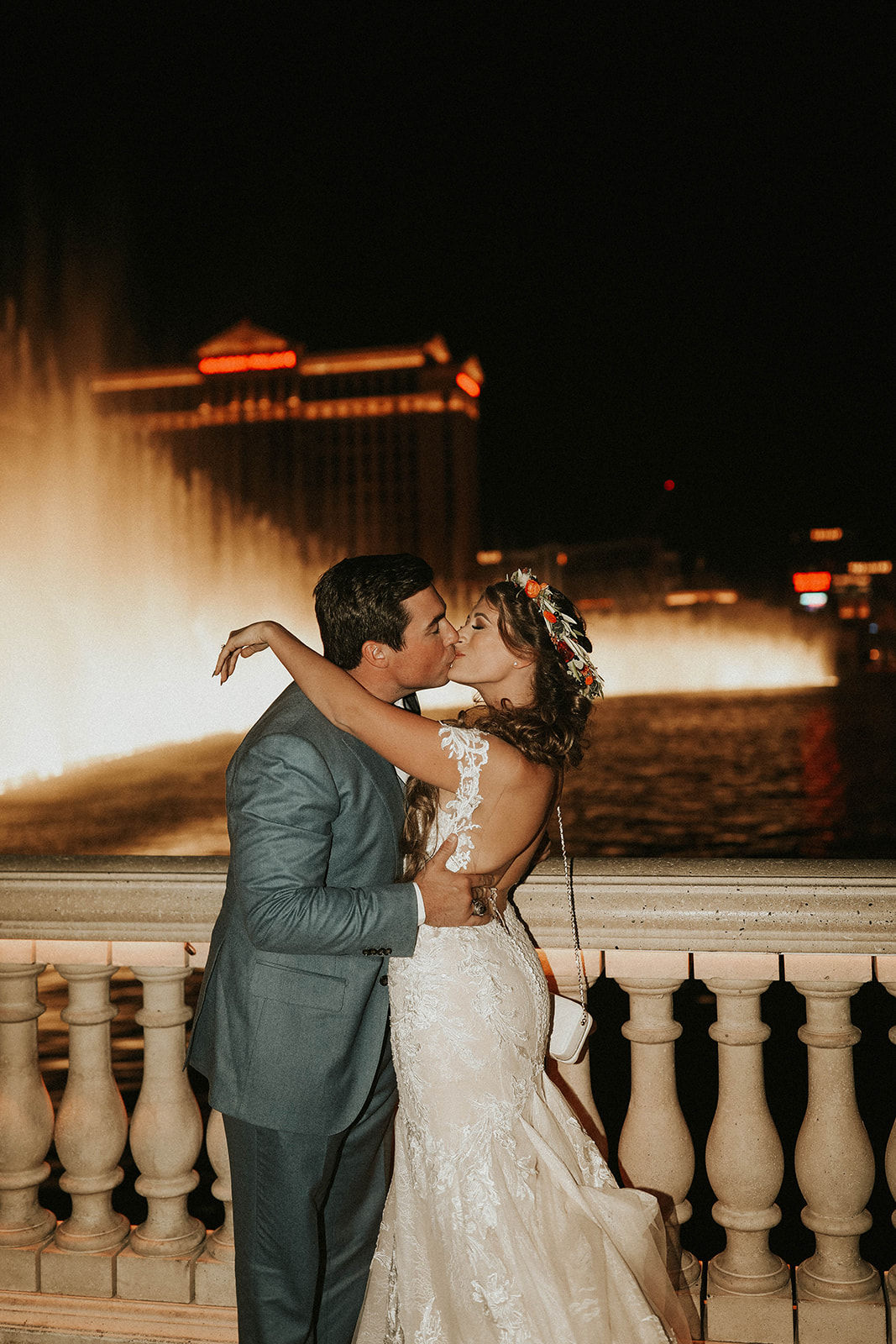 Newlyweds Kissing at Bellagio Fountain after Dry Lake Bed Fall Inspired Elopement with Just the Two of Them 