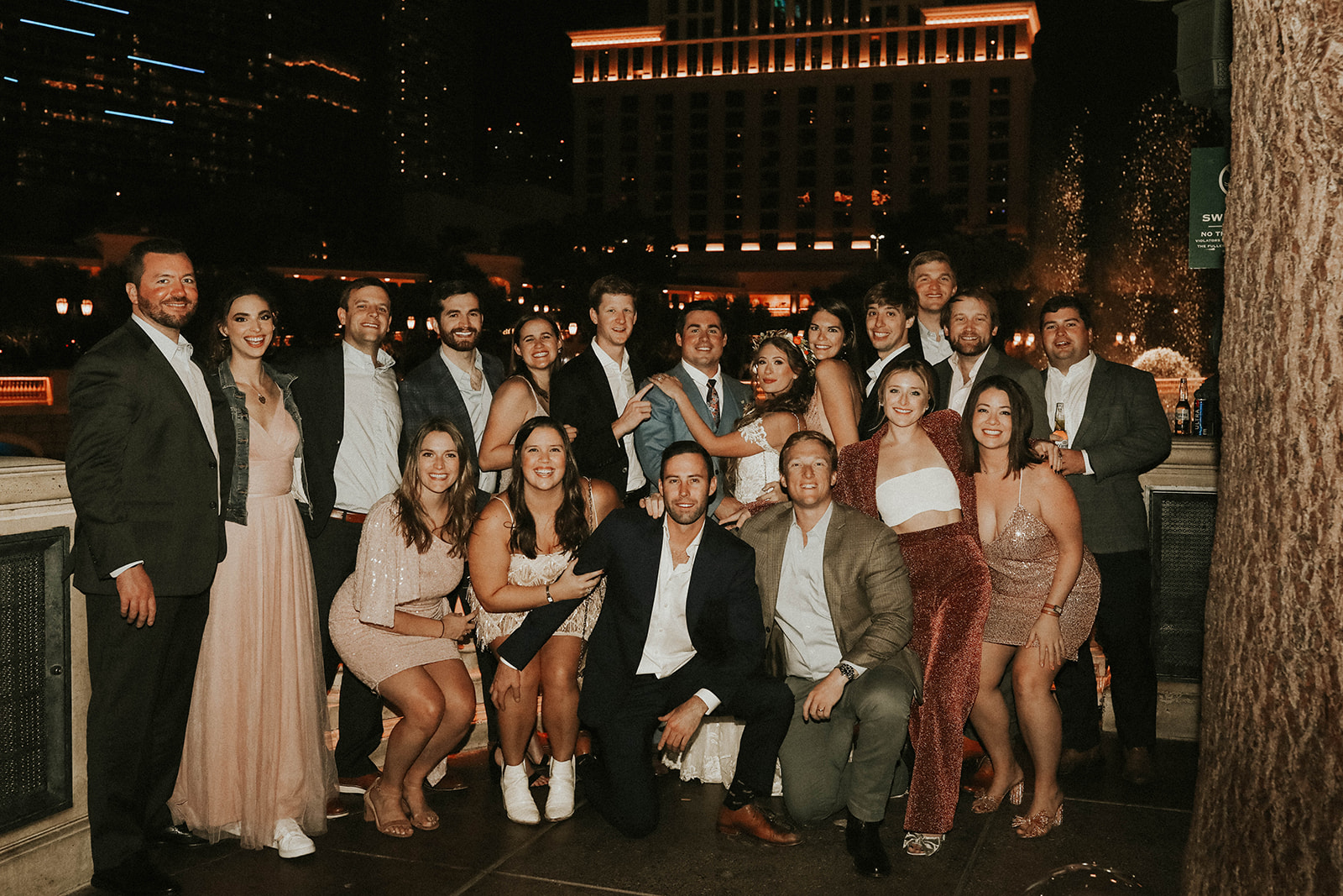 Newlyweds Meet up With Group of Friends at Bellagio Fountain after Dry Lake Bed Fall Inspired Elopement with Just the Two of Them 