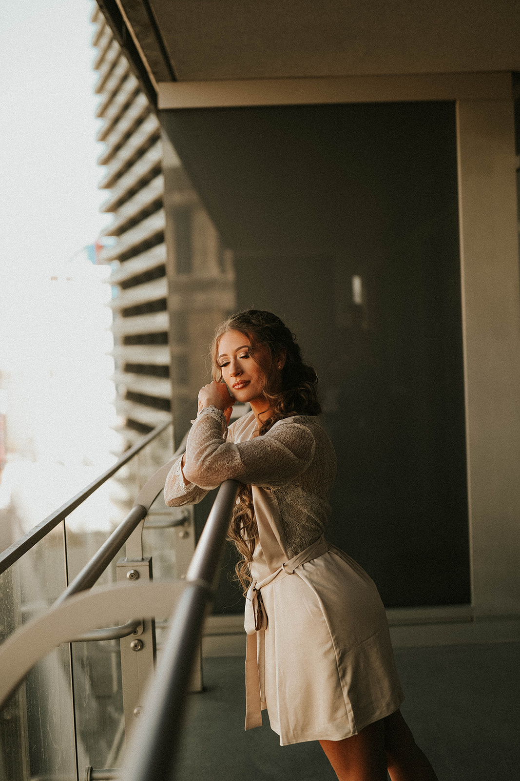 Bride in Robe on Balcony at the The Cosmopolitan of Las Vegas while getting ready for Dry Lake Bed Fall Inspired Elopement 