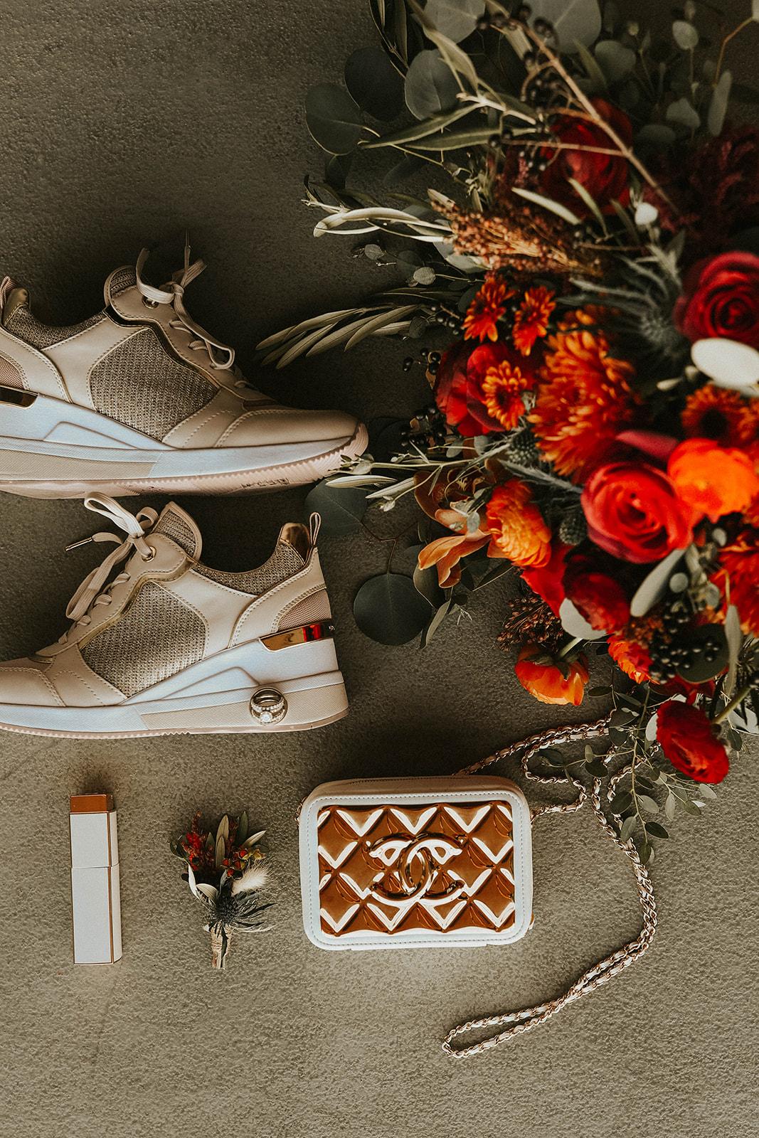 Wedding Details of Rings, Michael Kors Sneakers, Chanel Purse, Fall Inspired Bouquet & Boutonniere. 