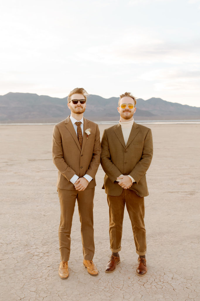 Groom with Guests in 70's themed suits 