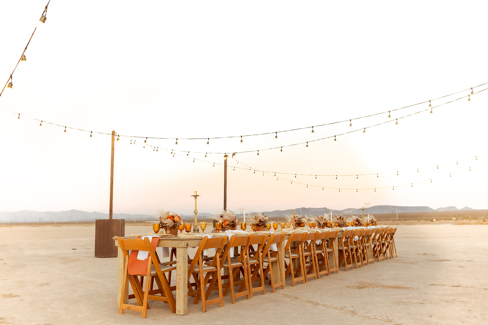 Boho desert tablescape for Dry Lake Bed Micro-Wedding with Bistro Lighting 
