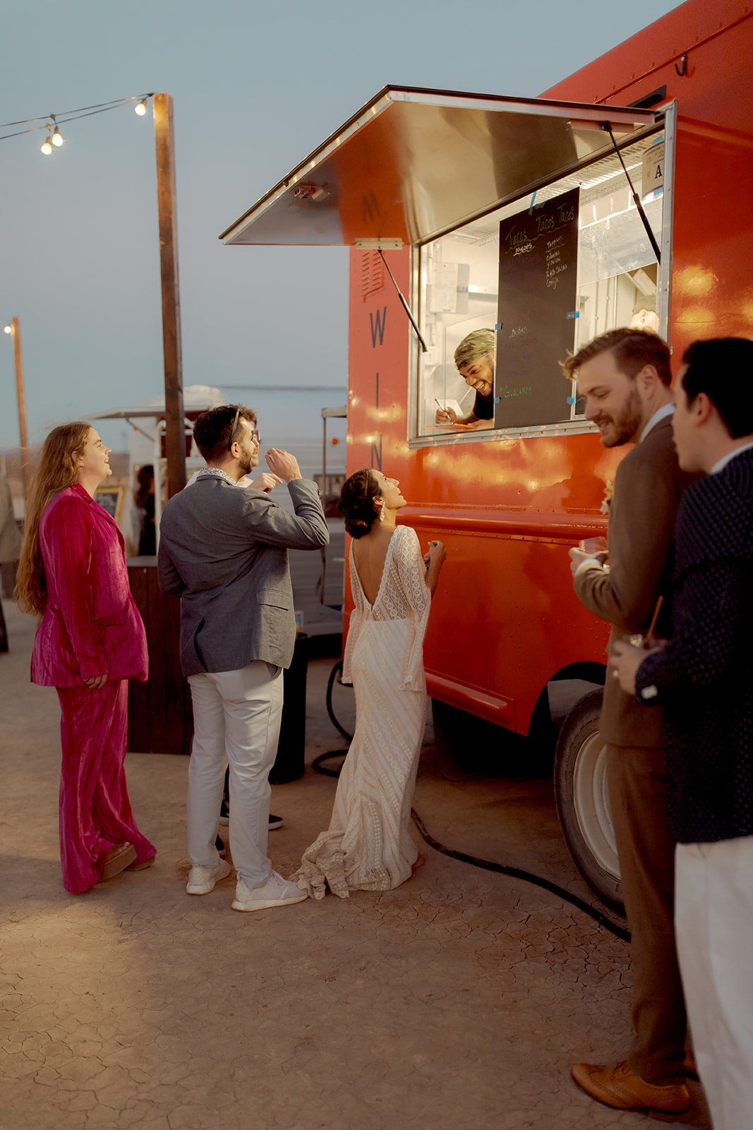 Bride at Taco Truck for Dry Lake Bed Micro-Wedding