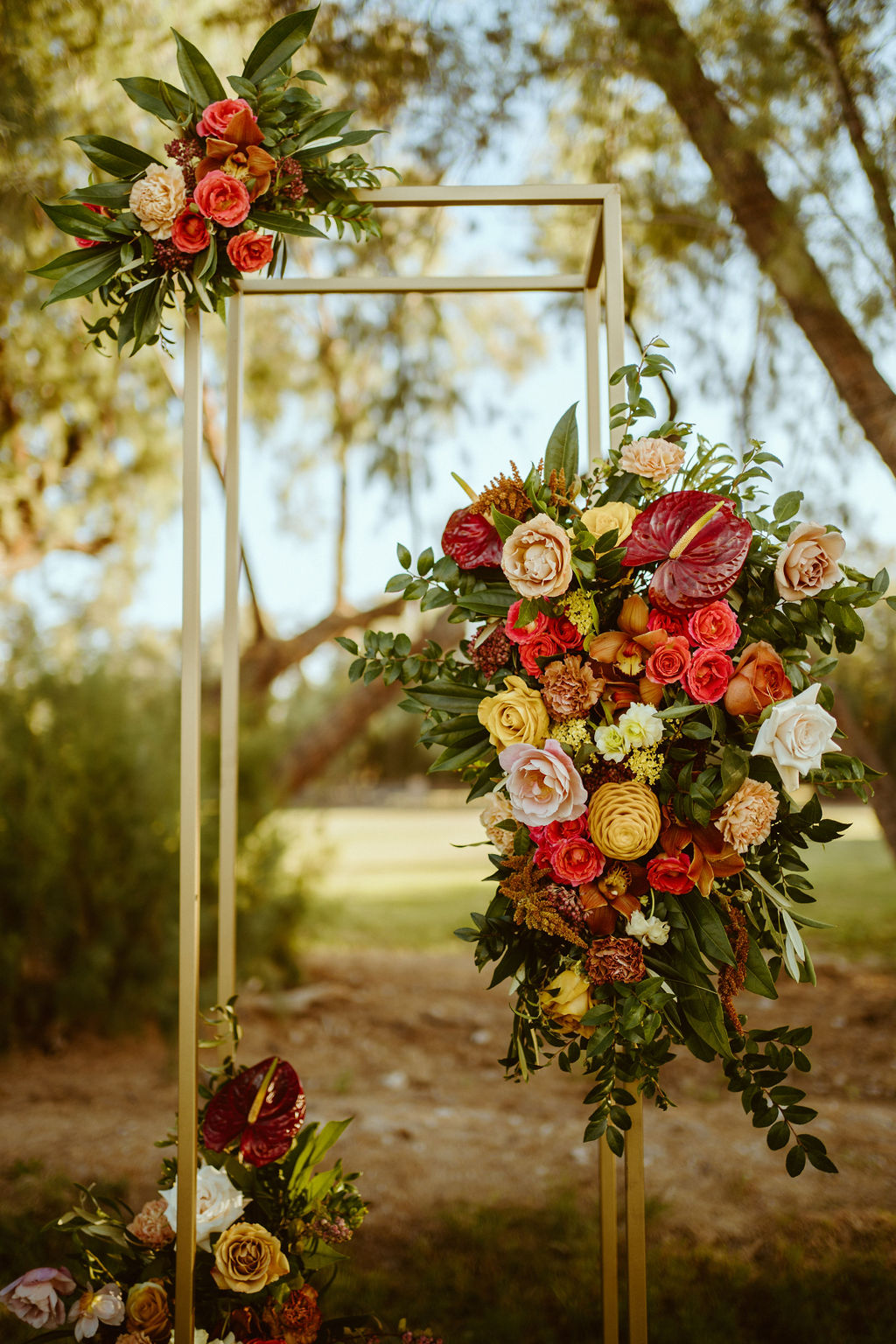 Florals on Gold Stand at Alter for GreenGale Farms Hawaiian Elopement in Las Vegas, Nevada 