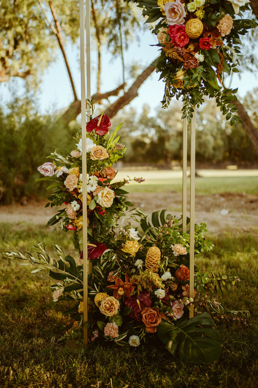 Gold Stand for Altar with Florals for GreenGale Farms Hawaiian Elopement