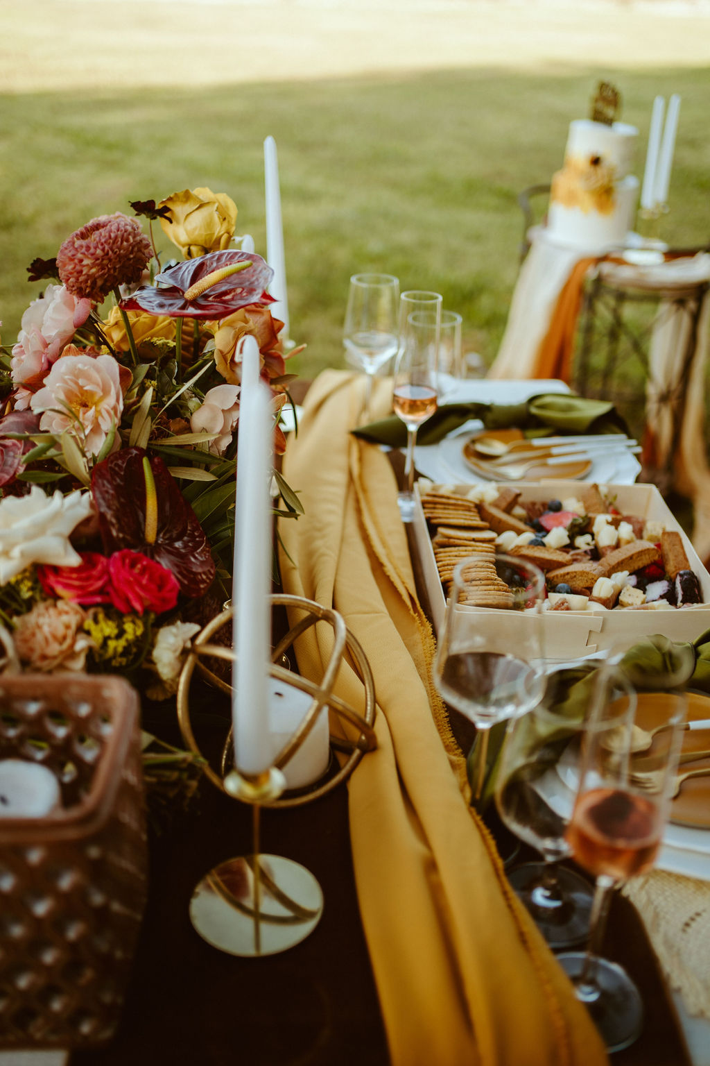 Sweetheart Table Set-up with Charcuterie and Champagne at GreenGale Farms Hawaiian Elopement