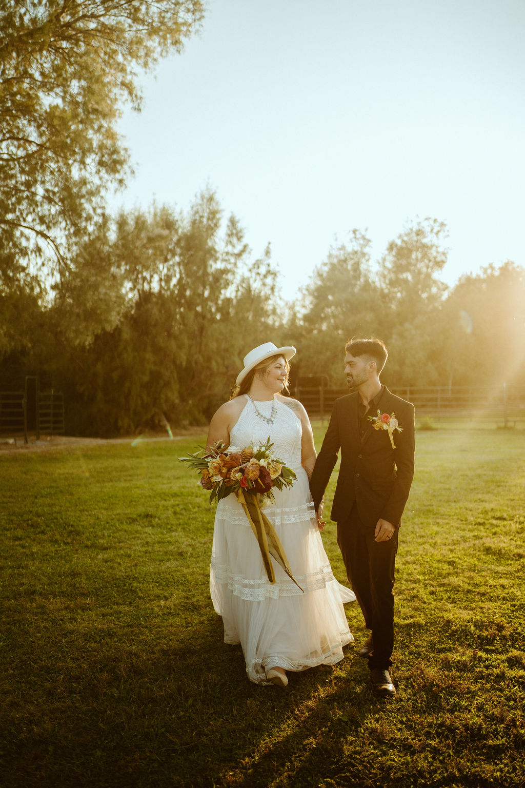 Newlyweds Adventuring during Sunset at GreenGale Farm after Eloping 