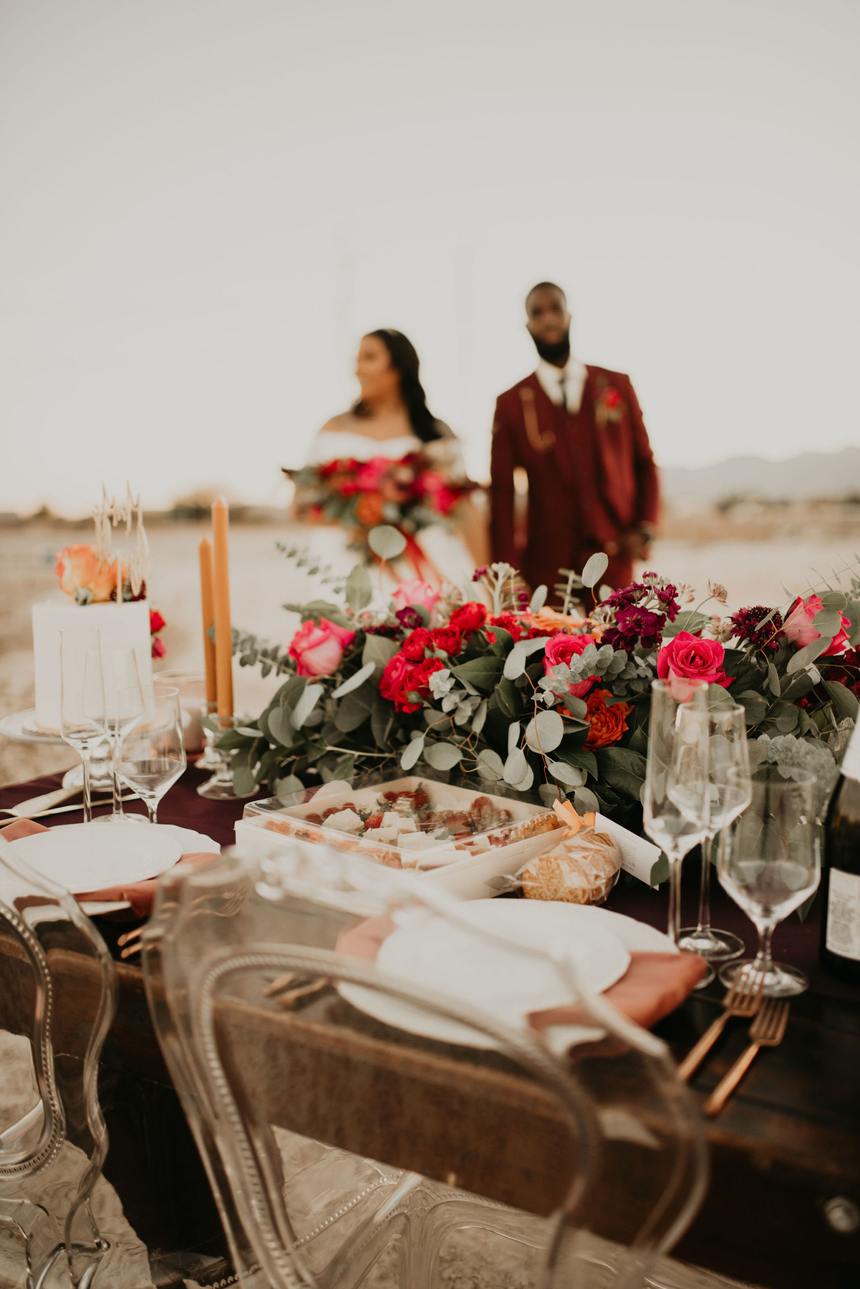 Jewel Tone Las Vegas Elopement Sweetheart Table with Charcuterie, Cake, Floral and Candles 