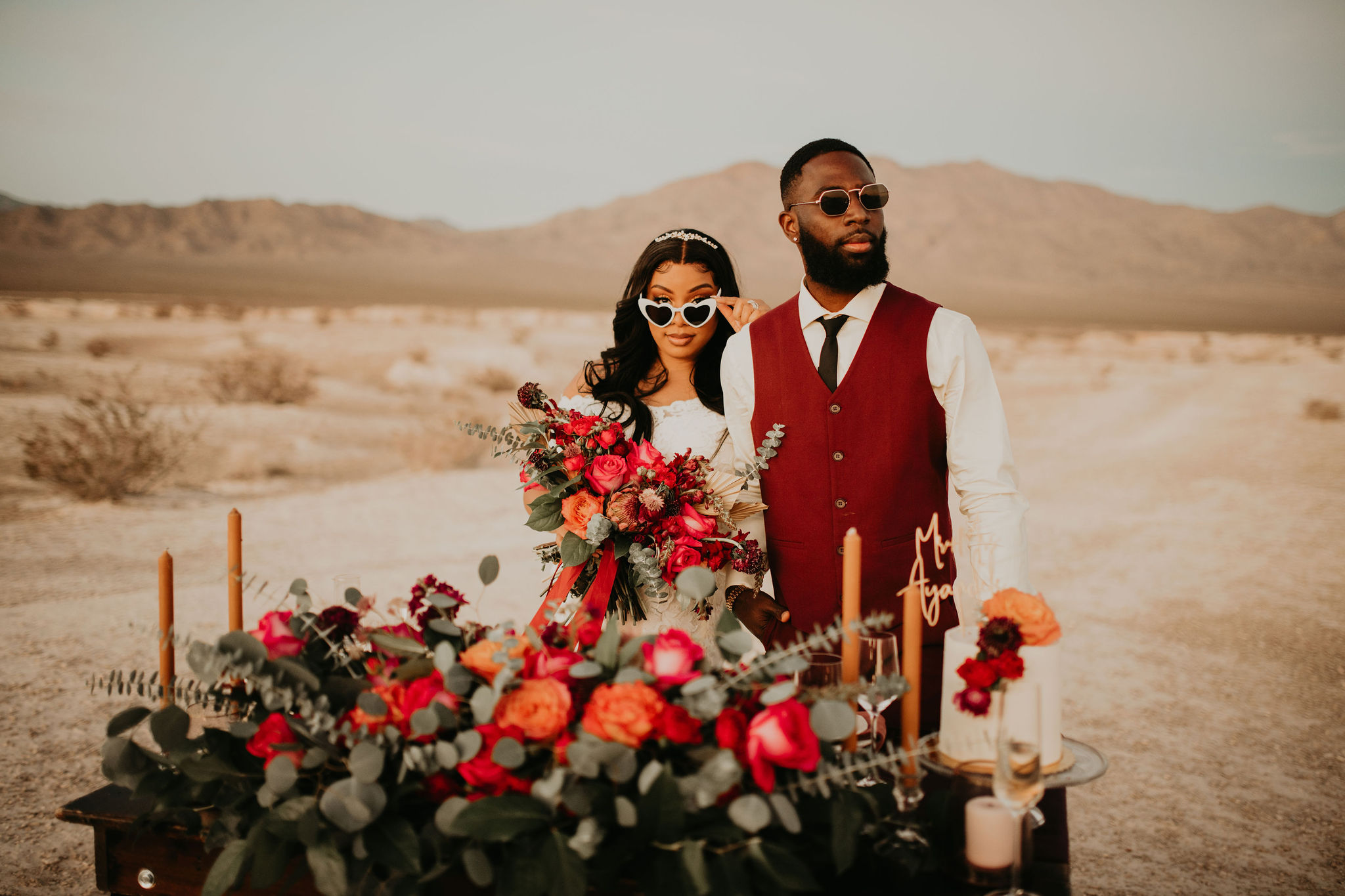 Newlyweds in Sunglasses at Sweetheart Table 
