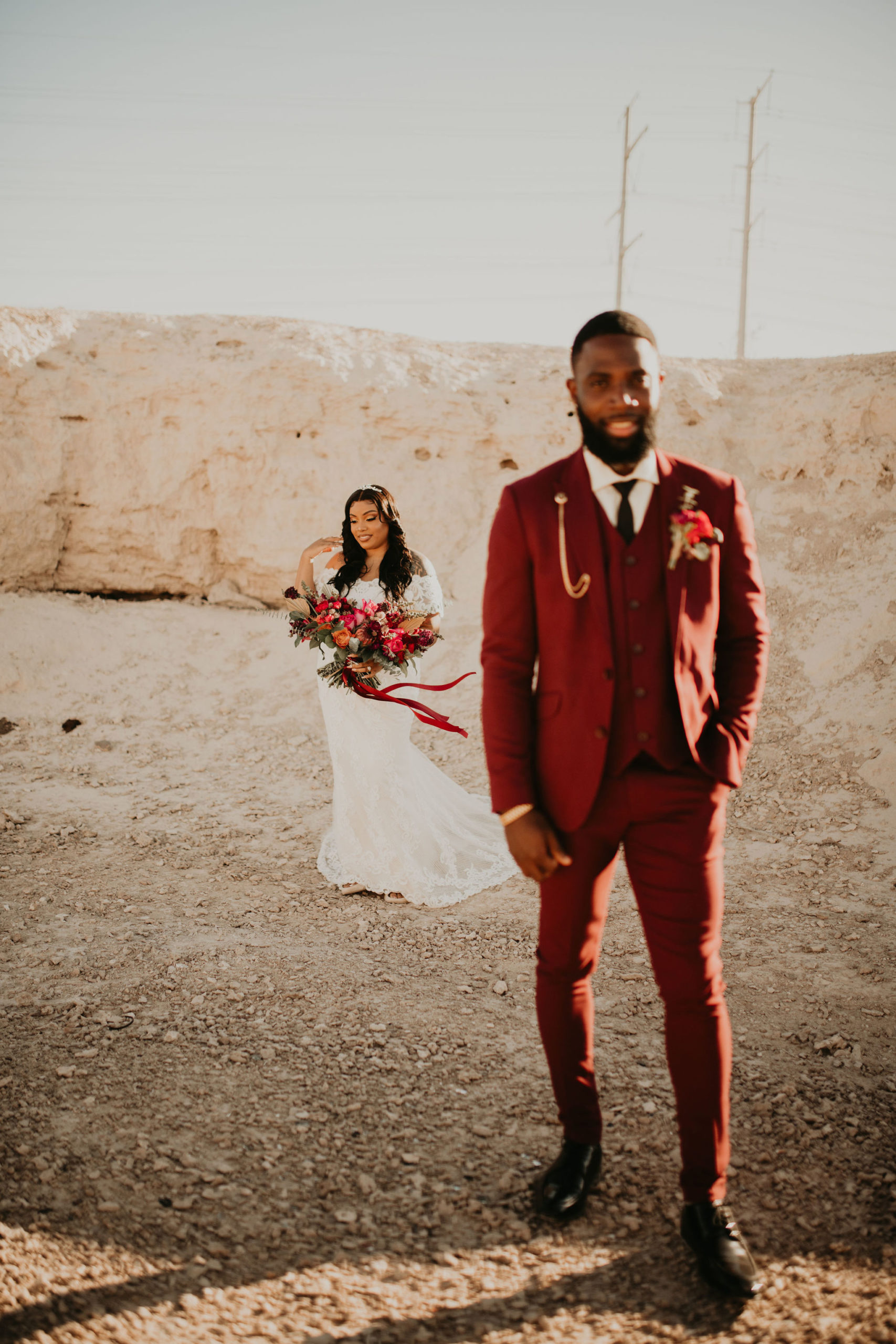Bride Approaching Groom during First Look in Las Vegas Elopement