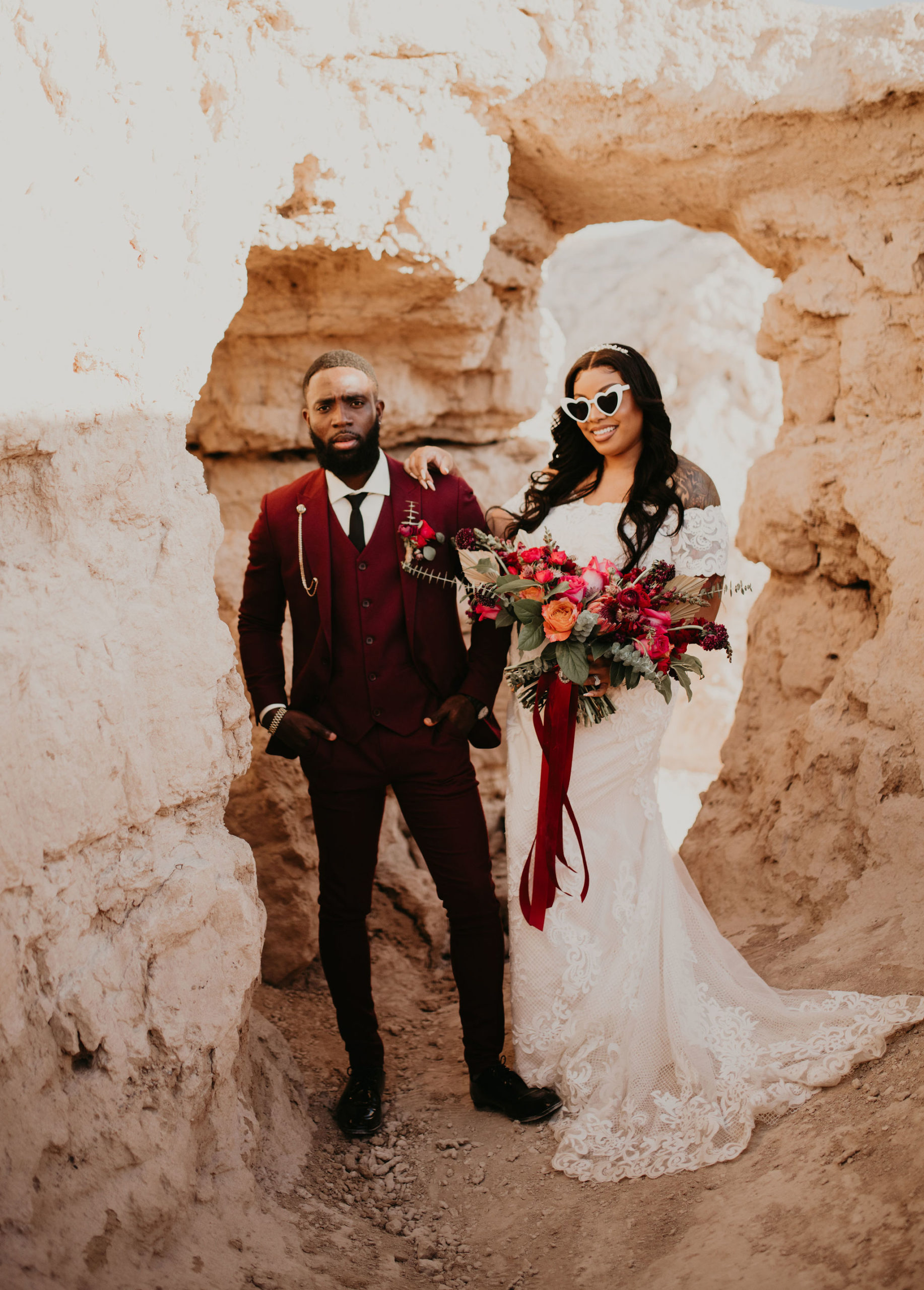 Groom & Bride with White Heart Shaped Sunglasses 