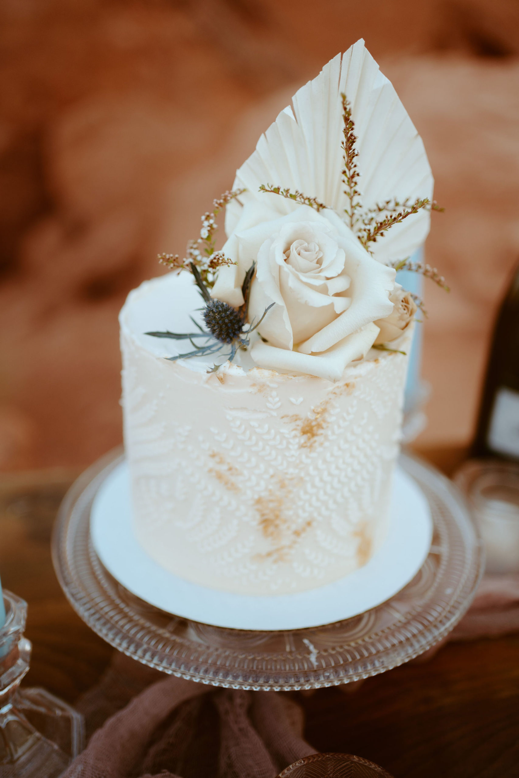 Stenciled Elopement Cake with Floral Decor 