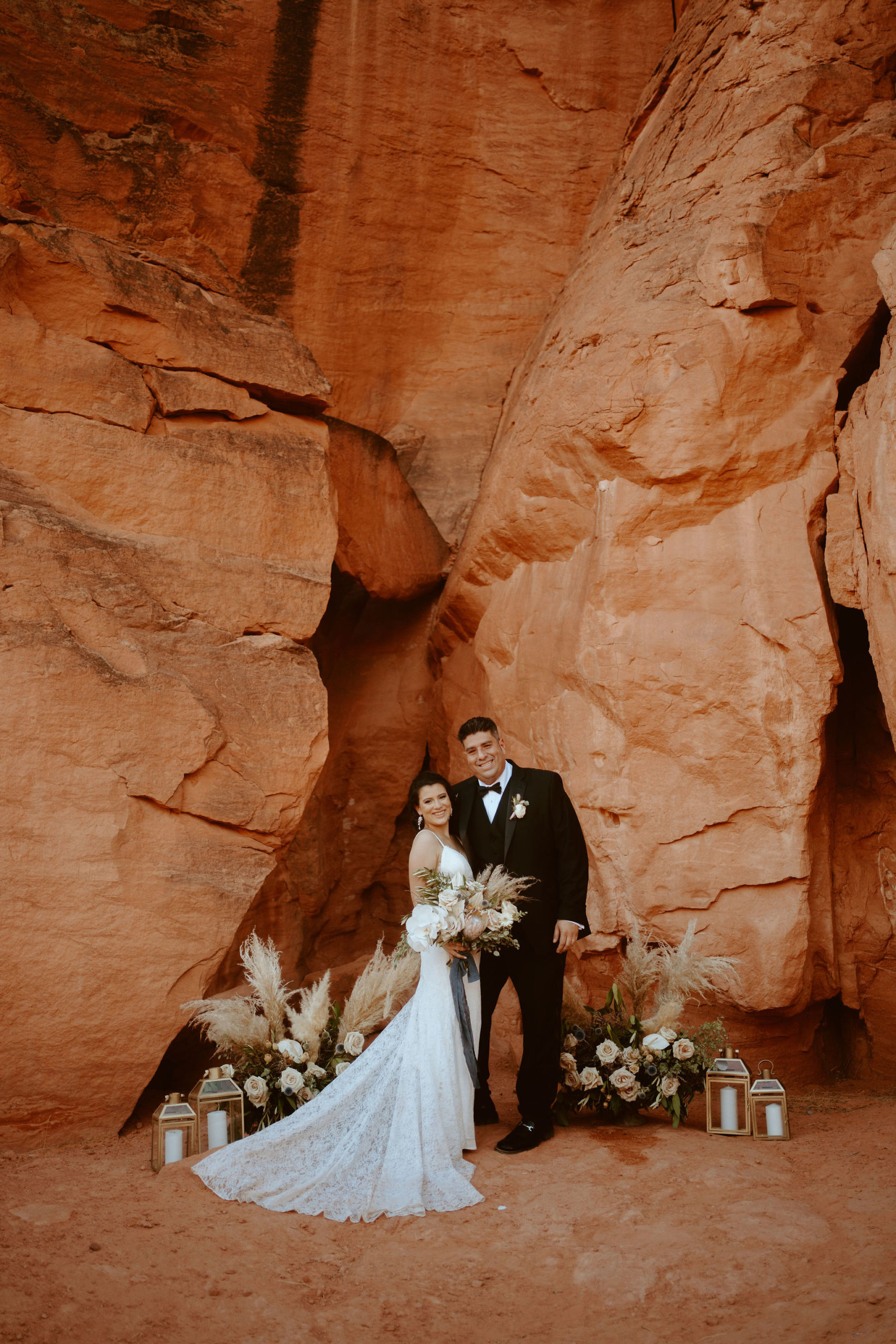 Just Outside of Las Vegas Elopement Newlyweds Smiling after Ceremony 