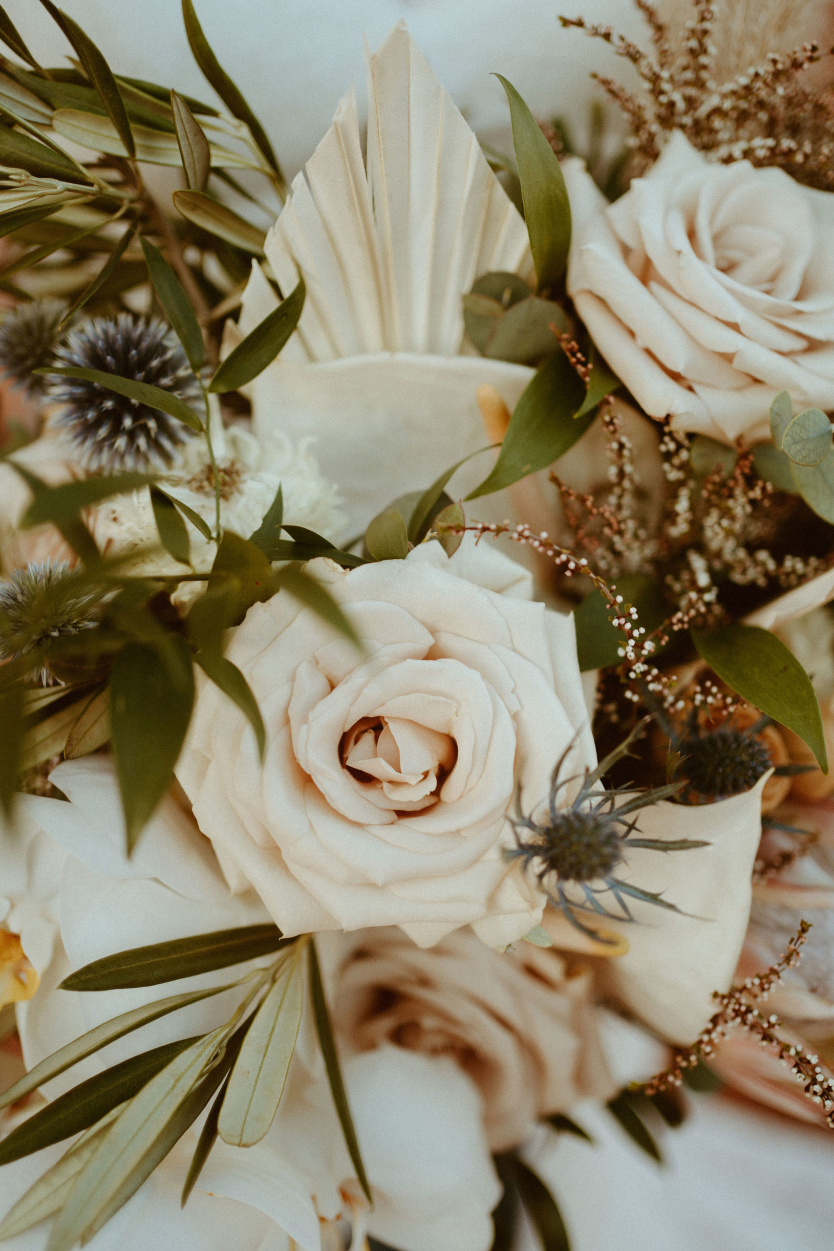 Brides Modern Boho Bouquet with Beige Roses and Greenery 