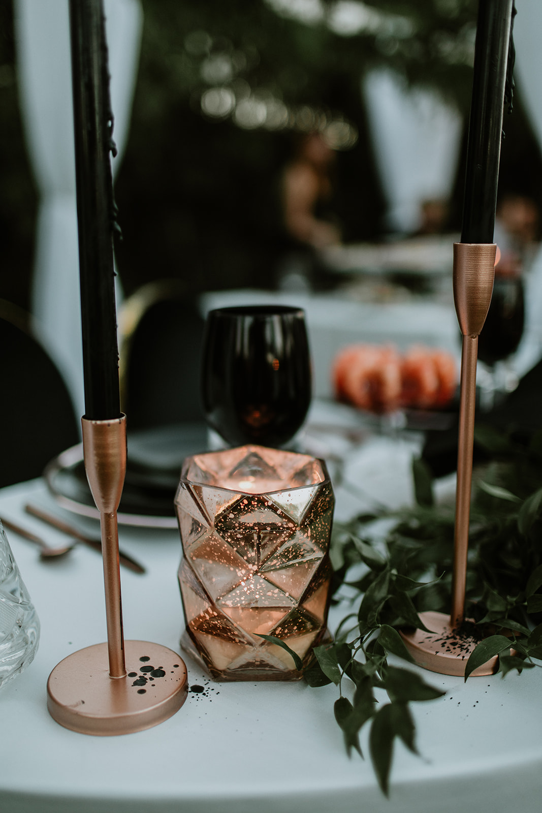 Black Pillar Candles and Copper accents for Moody Modern Glam Sweetheart Table 