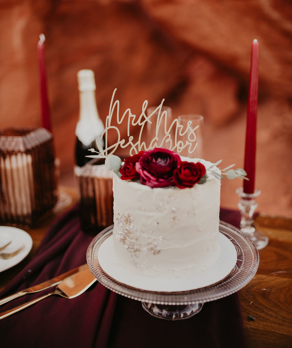 Elopement Cake with Red Florals & Cake Topper 