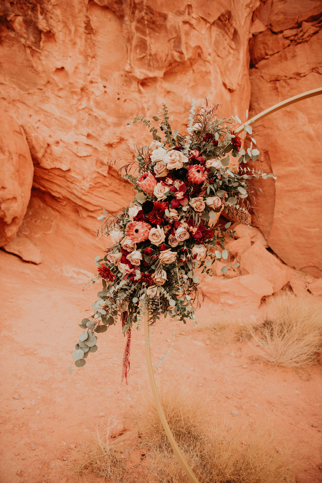 Florals on Circle Arch for Rustic Pink Burgundy and Sage Elopement 
