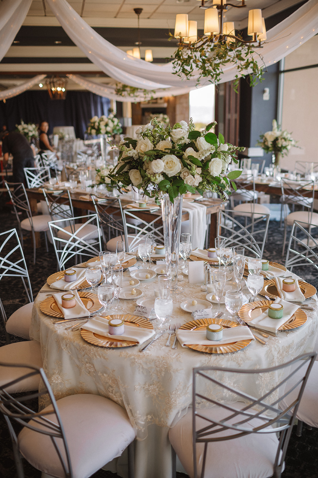 Fairytale Revere Country Club Wedding Tablescape with White Rose Centerpiece 