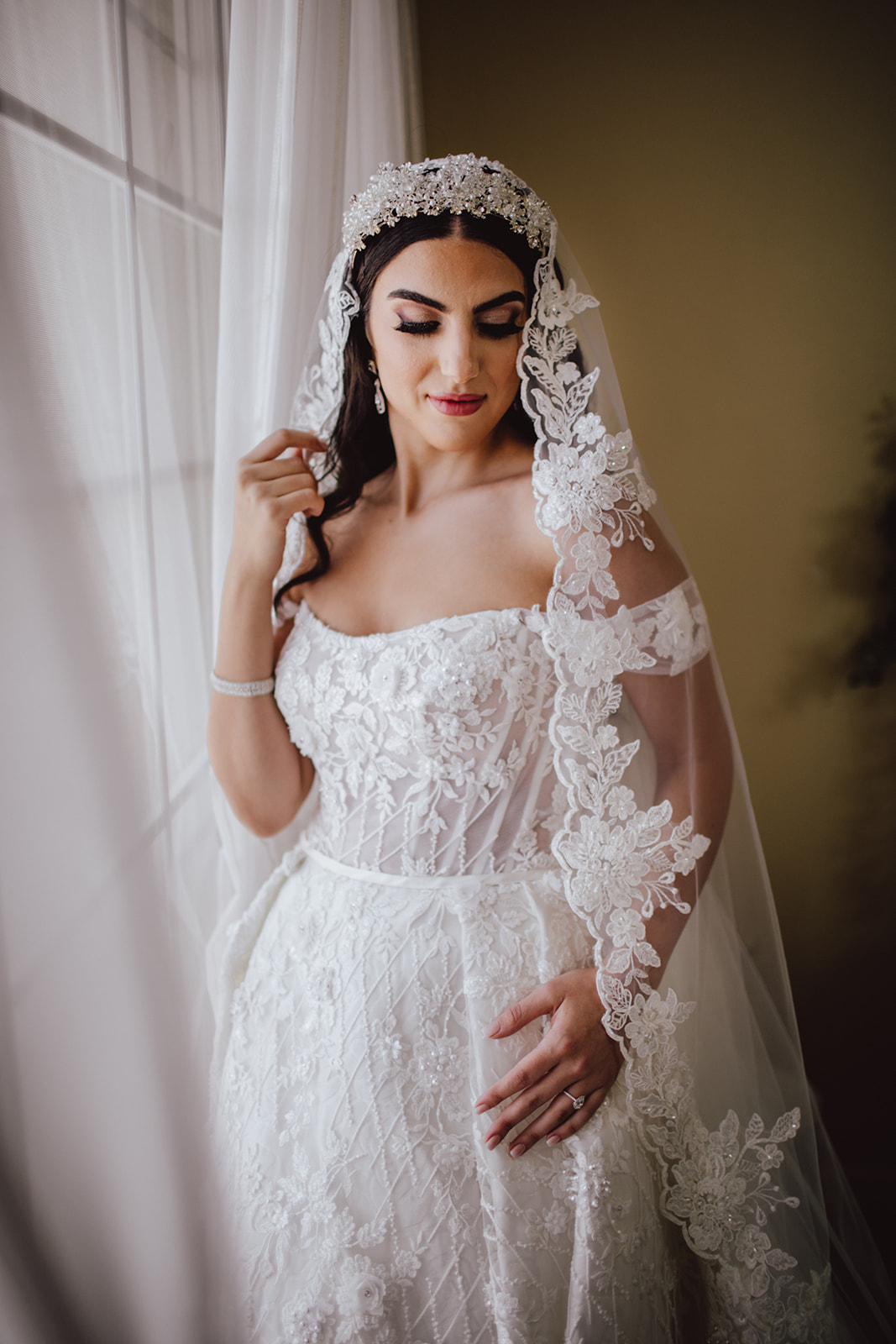 Bride with Detailed Lace Veil for Fairytale Revere Country Club Wedding
