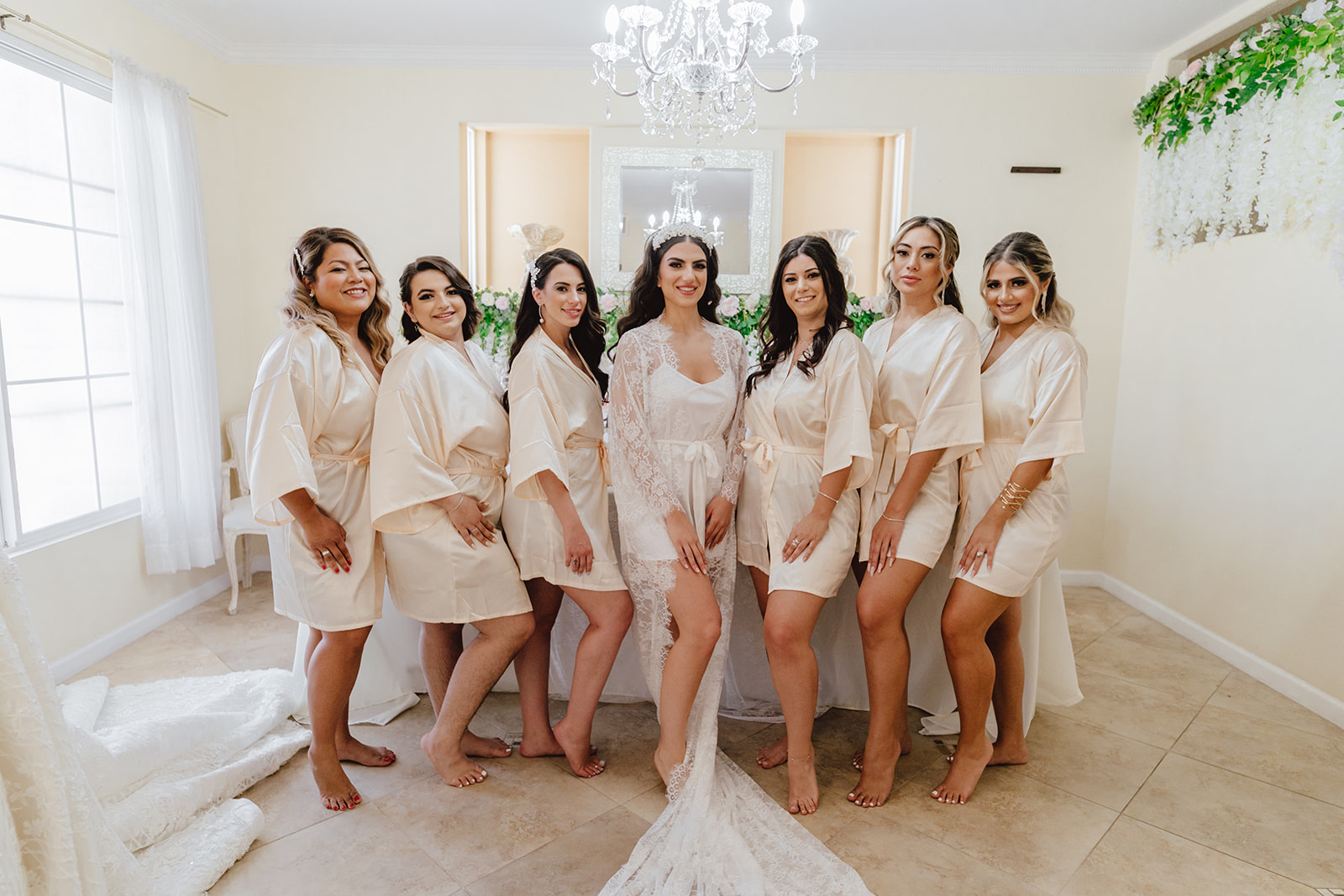 Bride with Lace Bridal Robe with Bridesmaids Getting Ready in Las Vegas 