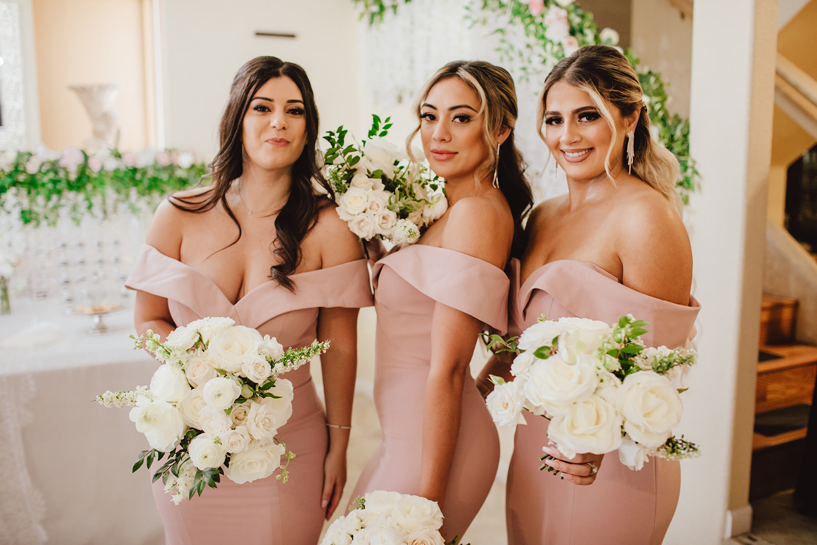 Bridesmaids with White Bouquets and Blush Bridesmaid Dresses for Fairytale Revere Country Club Wedding