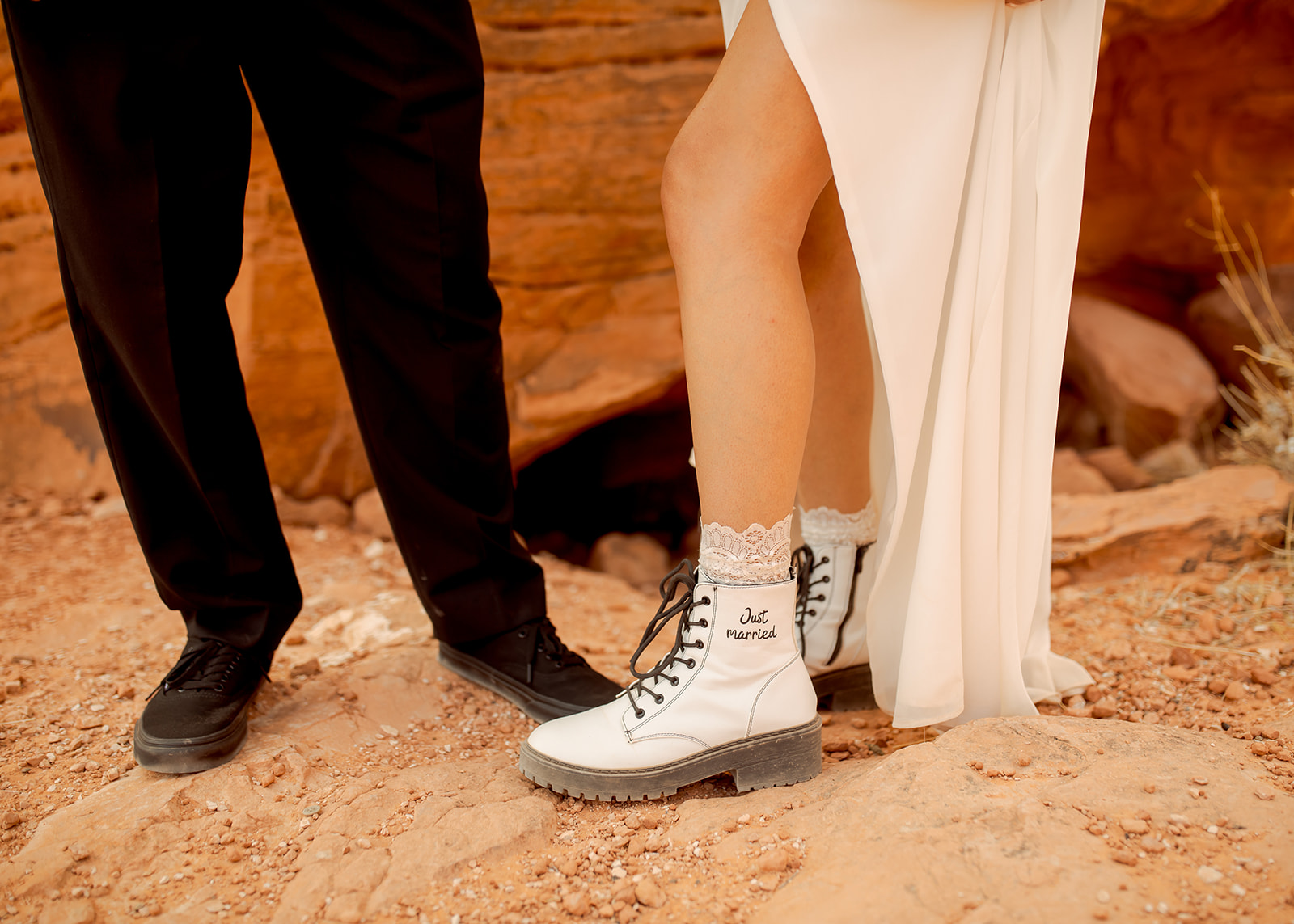 Groom in Black Vans and Bride's Custom Just Married Boots for Desert Wedding in Las Vegas Nevada 