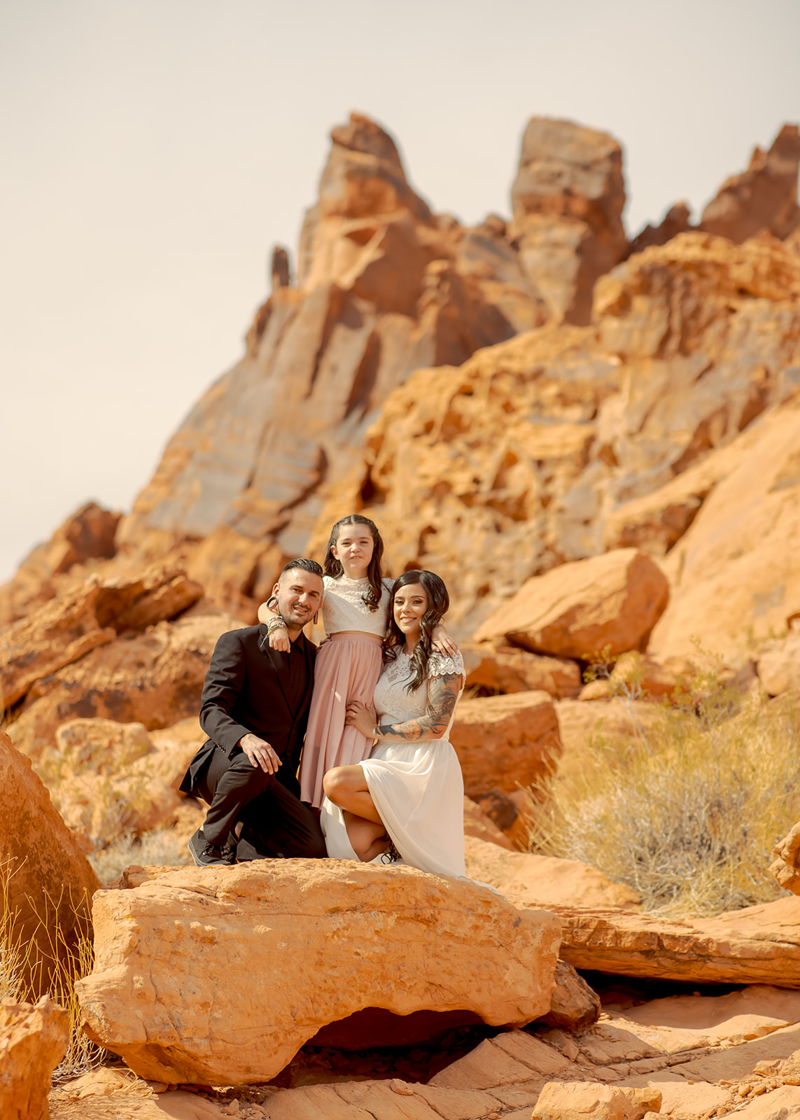 Family Adventuring in State Park outside of Las Vegas after Intimate Wedding Ceremony 