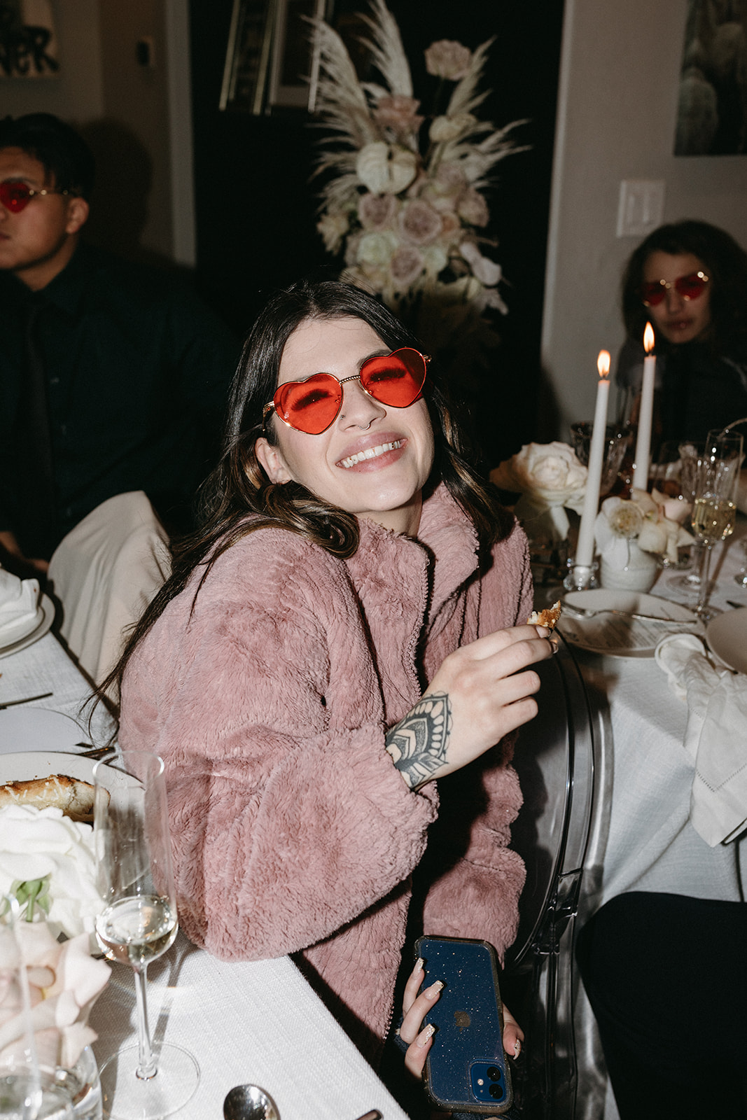 Guest wearing Party Favor of Red Glasses for Retro Vegas Wedding 