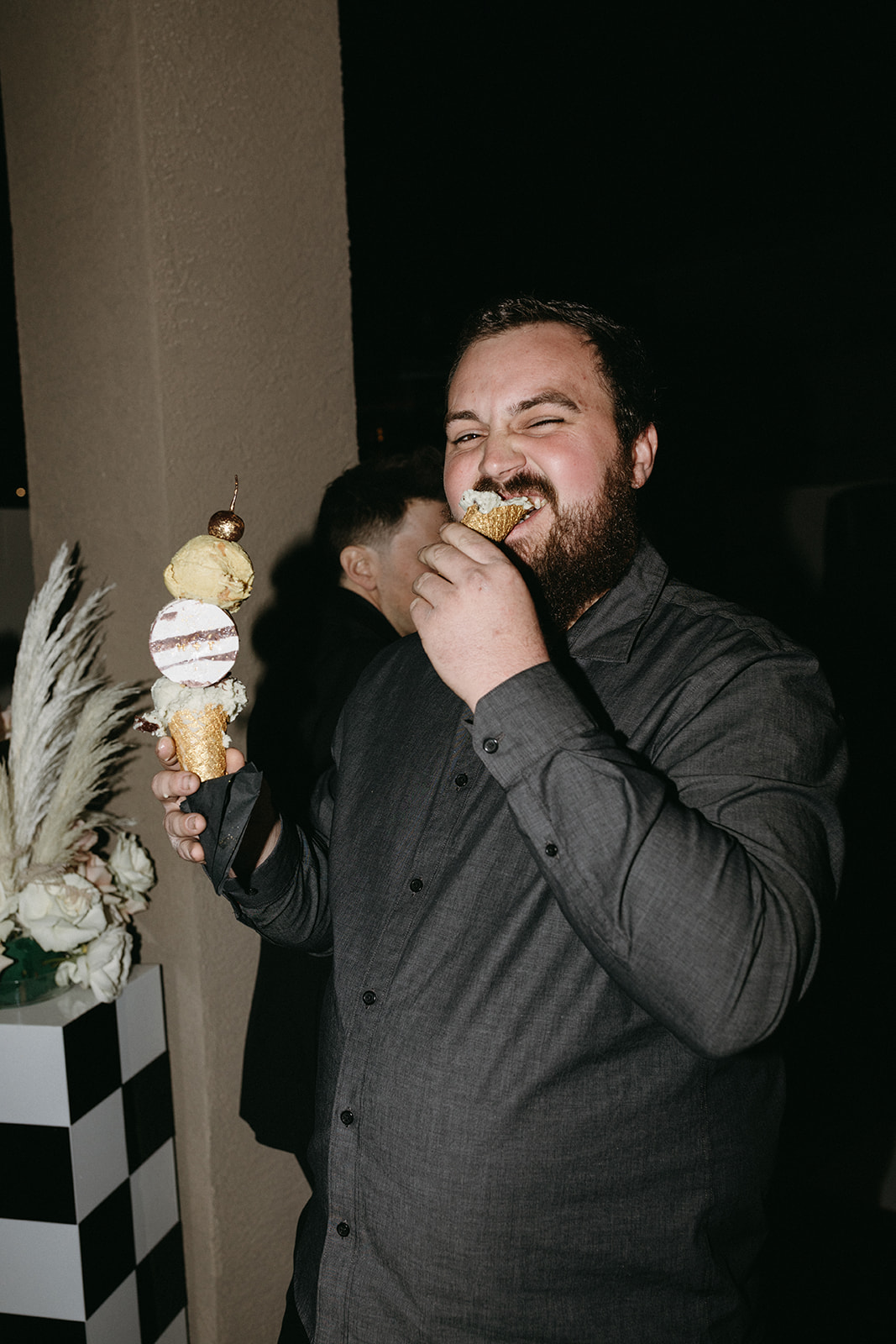 Guest Enjoying Ice Cream for Dessert during Little White Wedding Chapel Modern Vegas Wedding Reception 