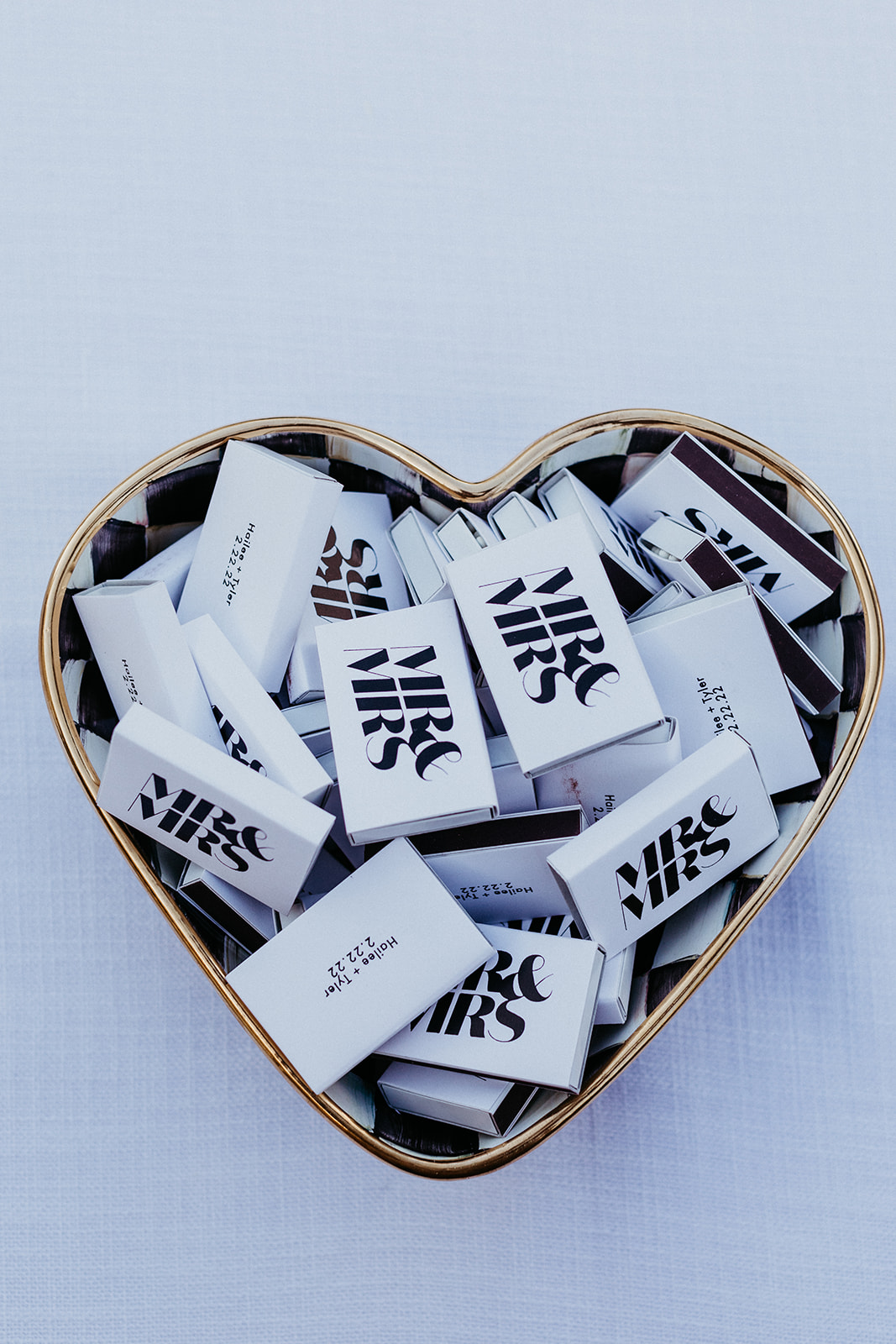 Mr. & Mrs. Matchstick Packets in Heart Shaped Bowl for Wedding Reception Favors 
